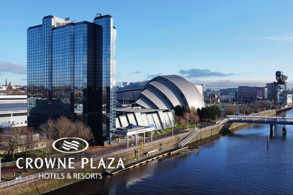 Overnight with drinks and optional dinner at the 4* Crowne Plaza Glasgow; overlooking the River Clyde, near trendy Finnieston and the West End