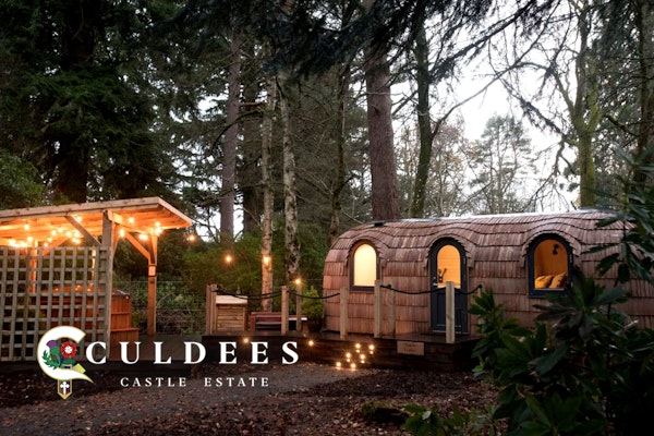2 night luxury lodge break for two with bottle of Prosecco & private wood-fired hot tub at family-run Culdees Castle Estate, near Crieff