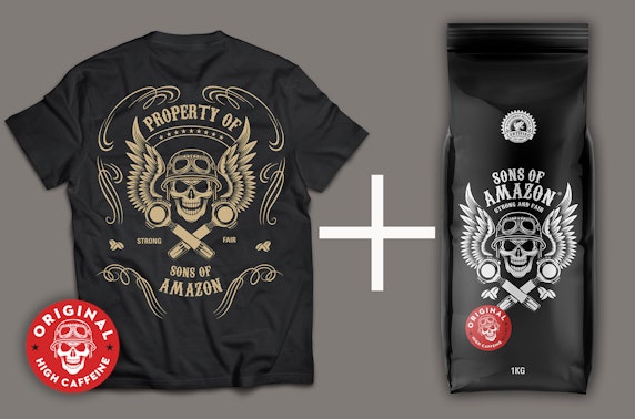 500g bag of coffee with a branded t-shirt