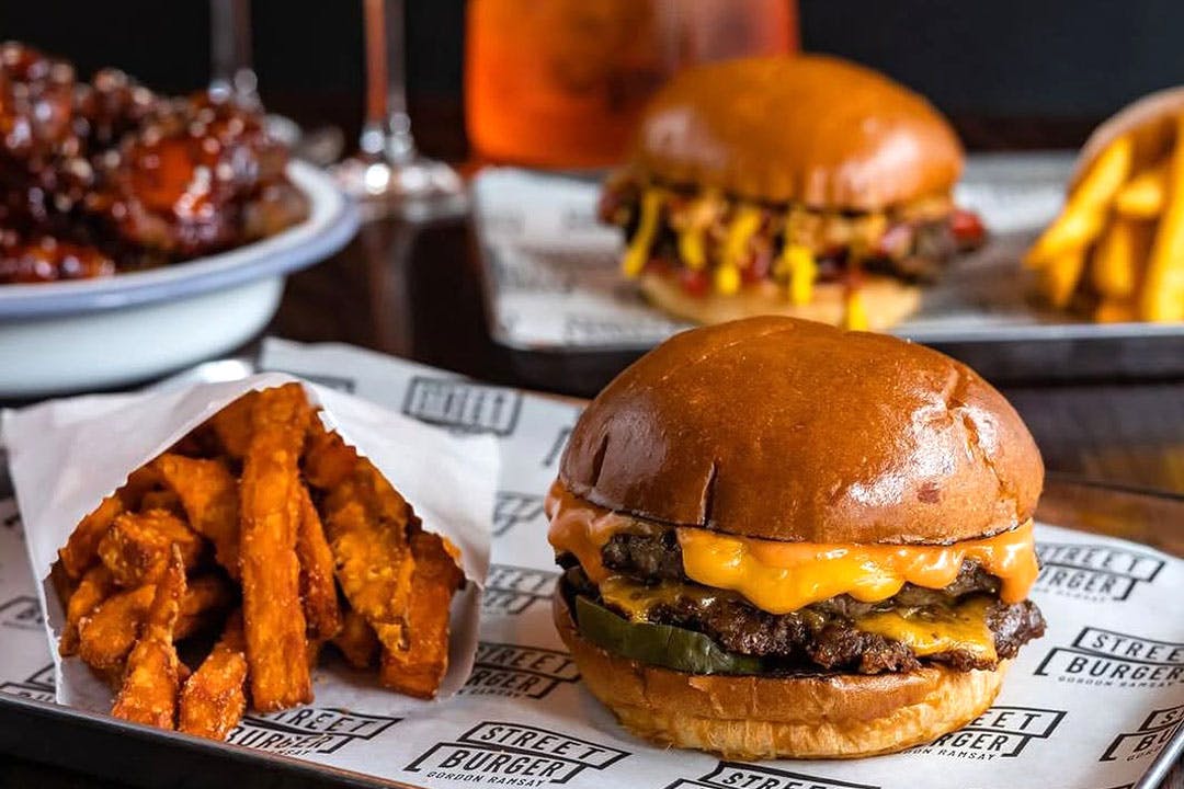 Gordon Ramsay Street Burger: Burger, fries and a cocktail